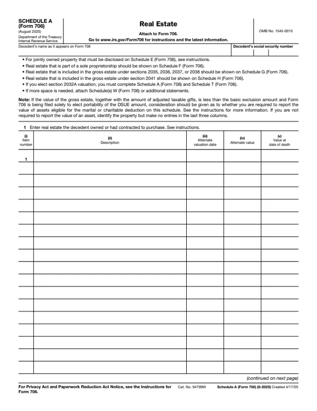 Page 1 of form 706 Sch. A