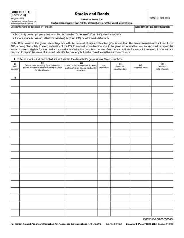 Page 1 of form 706 Sch. B