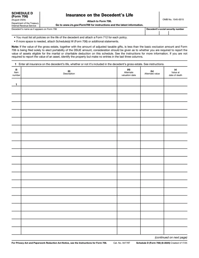 Page 1 of form 706 Sch. D