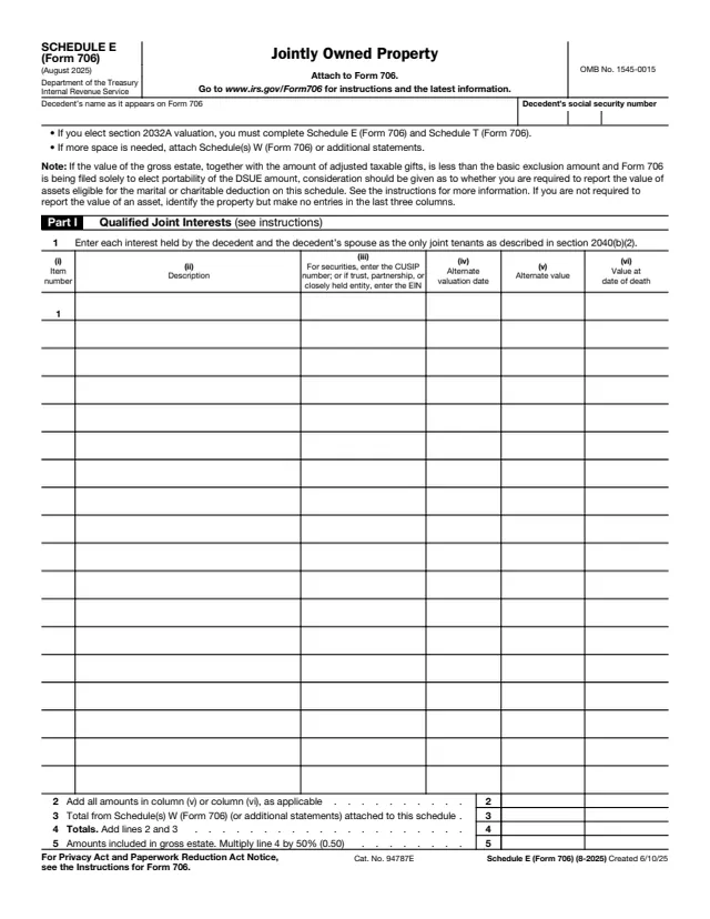 Page 1 of form 706 Sch. E