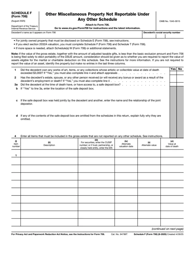Page 1 of form 706 Sch. F