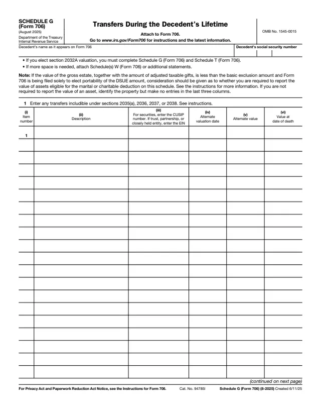 Page 1 of form 706 Sch. G