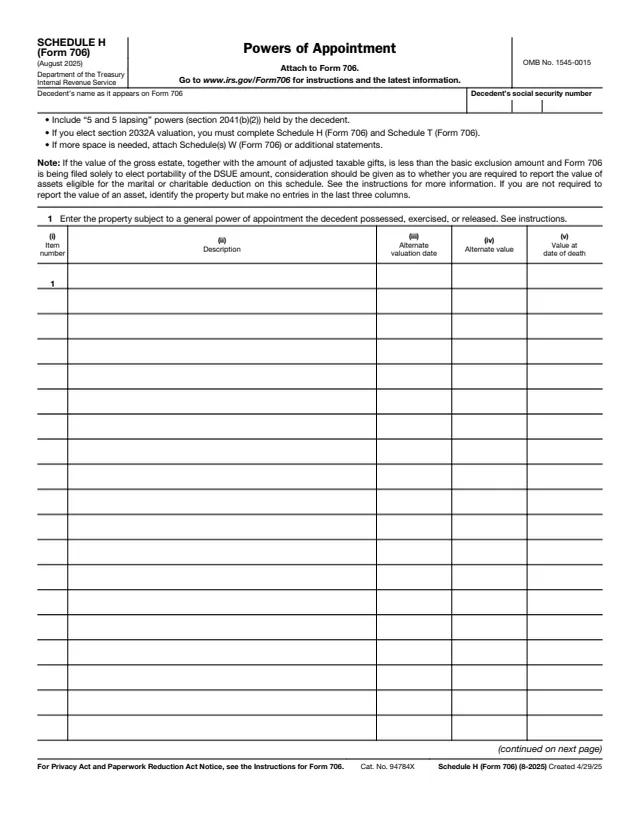 Page 1 of form 706 Sch. H