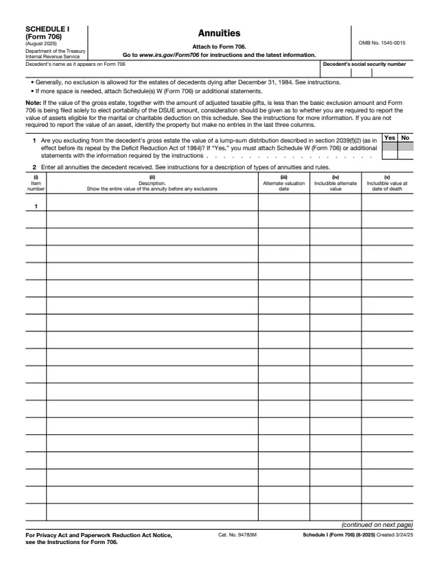 Page 1 of form 706 Sch. I
