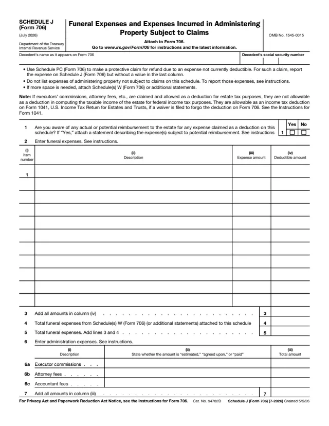 Page 1 of form 706 Sch. J