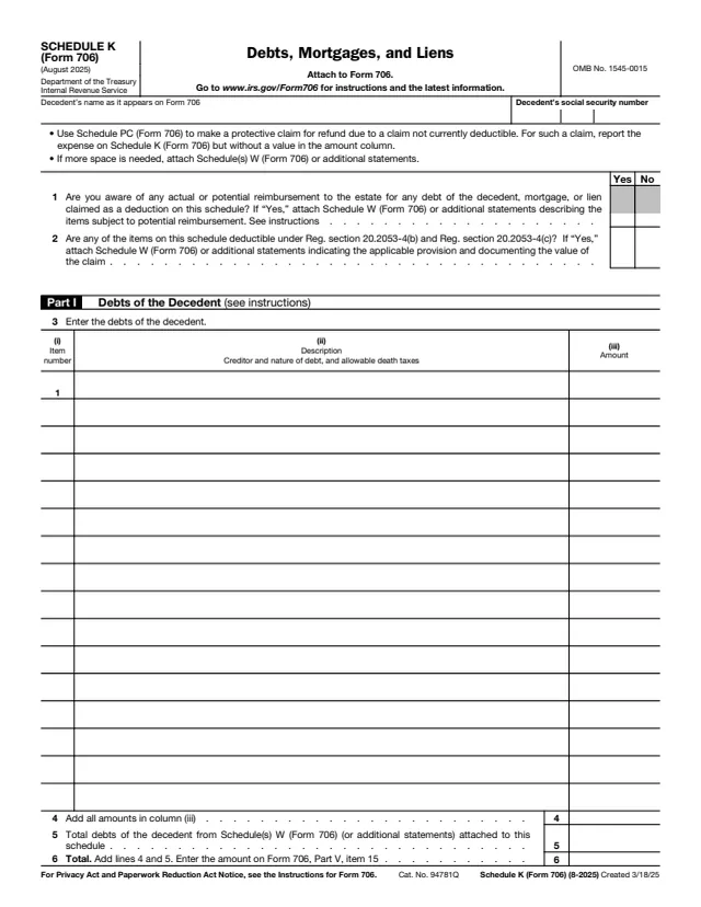 Page 1 of form 706 Sch. K