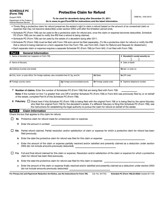 Page 1 of form 706 Sch. PC