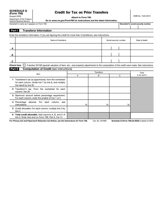 Page 1 of form 706 Sch. Q