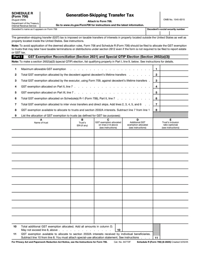 Page 1 of form 706 Sch. R