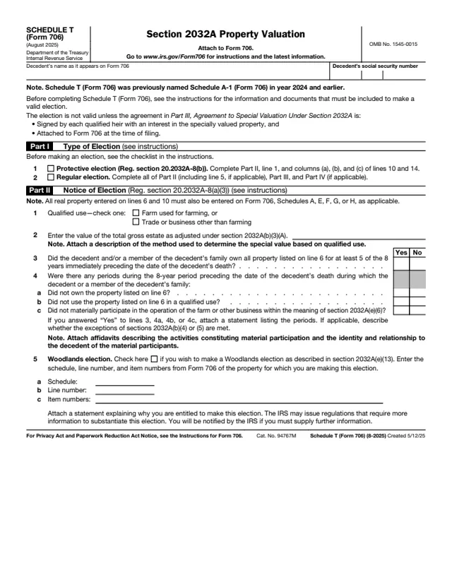 Page 1 of form 706 Sch. T