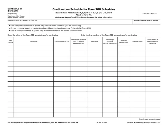 Page 1 of form 706 Sch. W