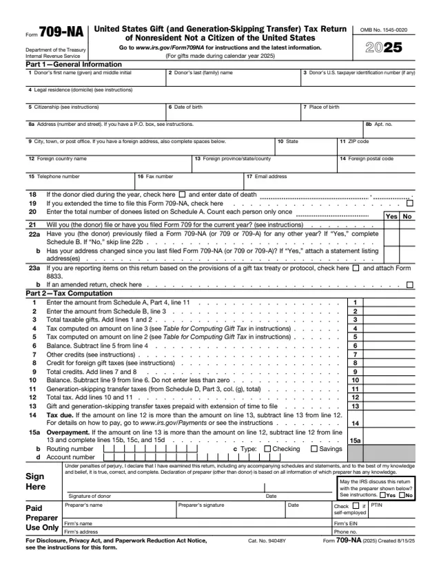 Page 1 of form 709-NA