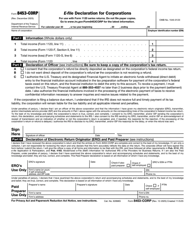Page 1 of form 8453-CORP