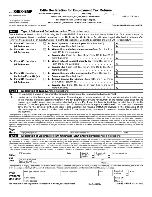 Page 1 of form 8453-EMP