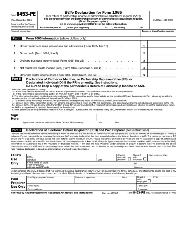 Page 1 of form 8453-PE