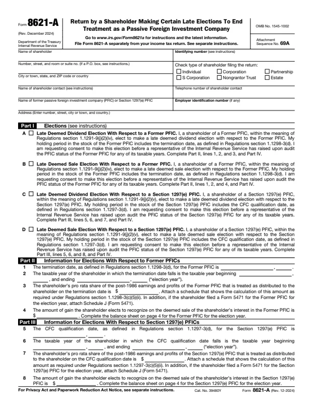 Page 1 of form 8621-A