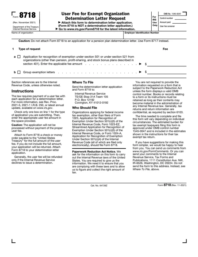 Page 1 of form 8718