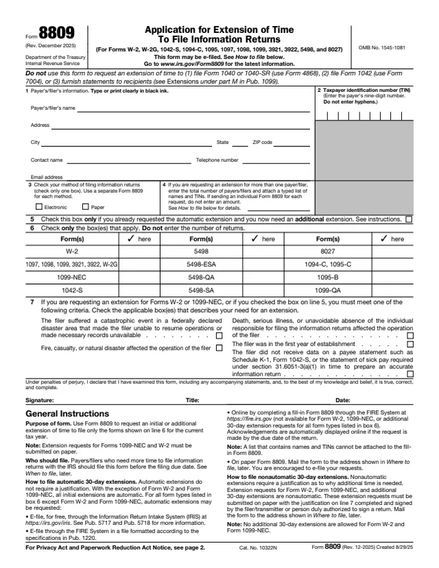 Page 1 of form 8809