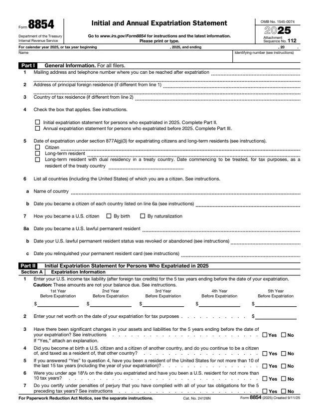 Page 1 of form 8854