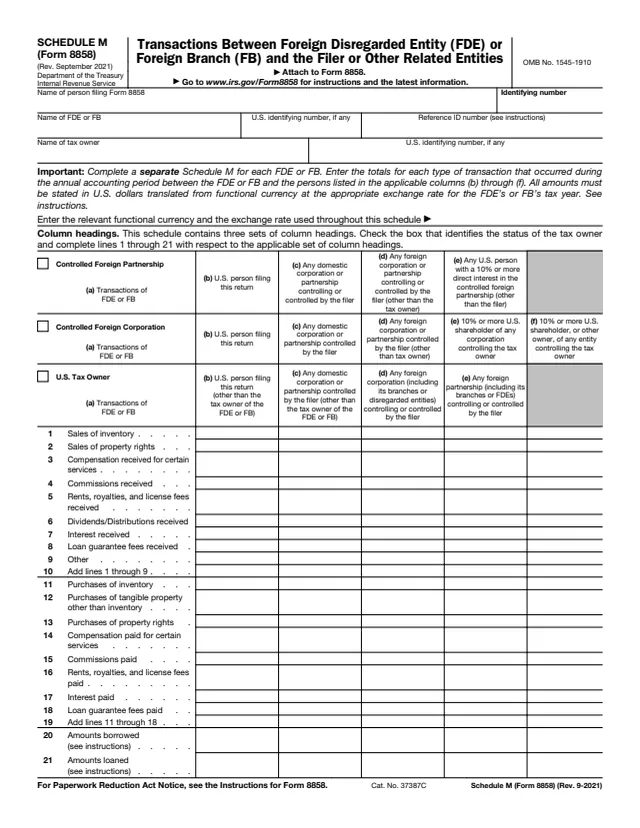 Page 1 of form 8858 Sch. M