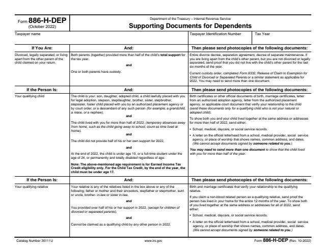 Page 1 of form 886-H-DEP