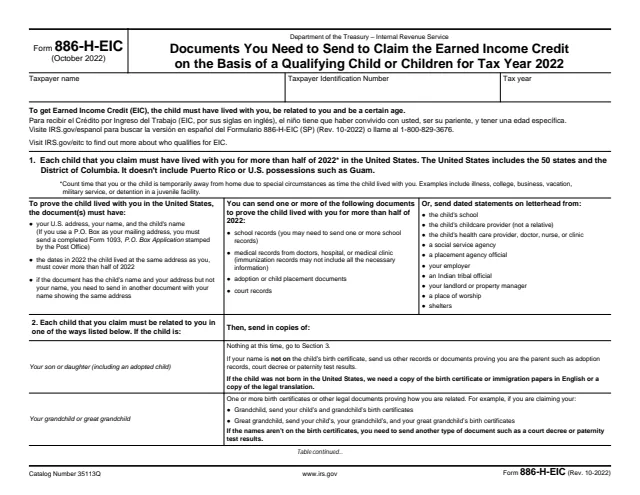 Page 1 of form 886-H-EIC