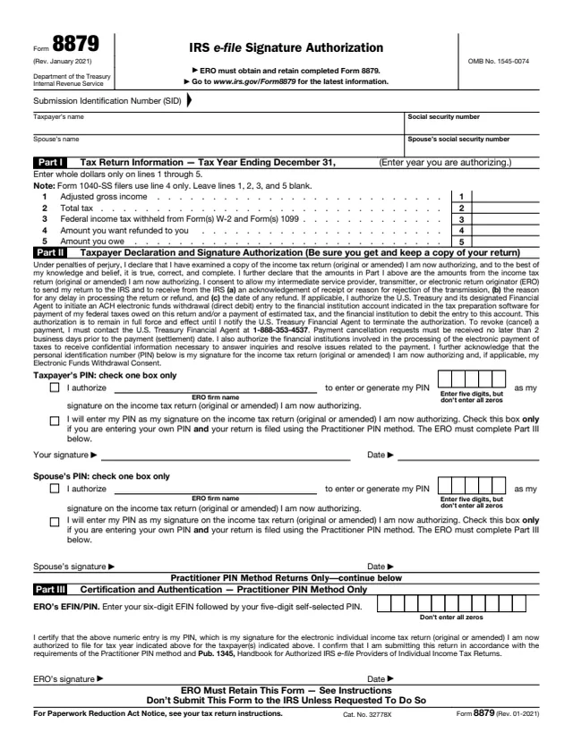 Page 1 of form 8879