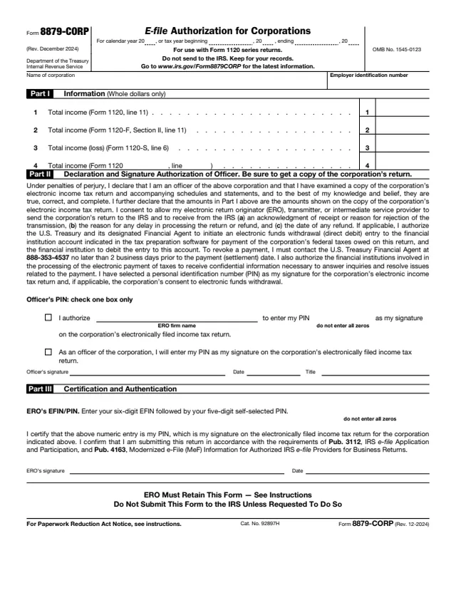 Page 1 of form 8879-CORP