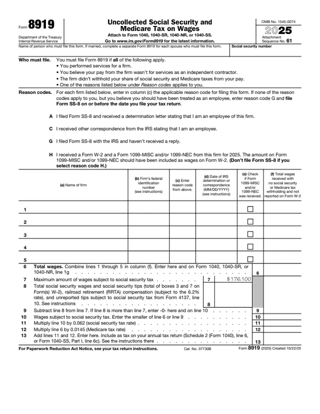 Page 1 of form 8919