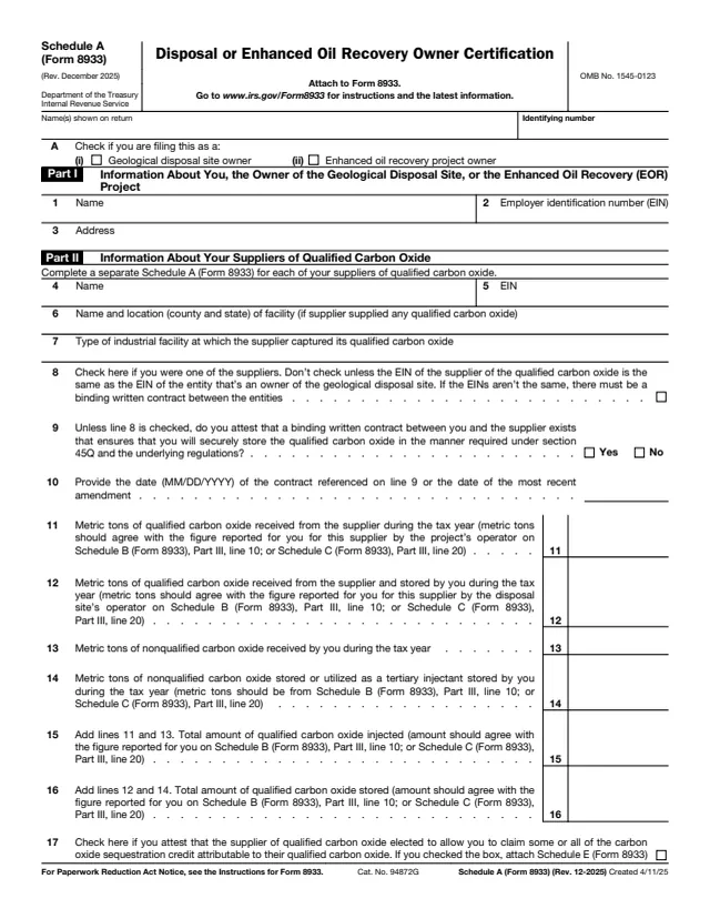 Page 1 of form 8933 Sch. A