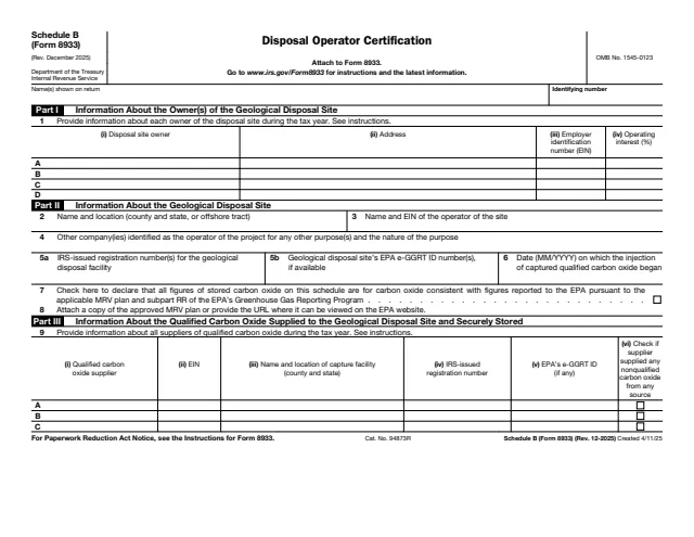 Page 1 of form 8933 Sch. B