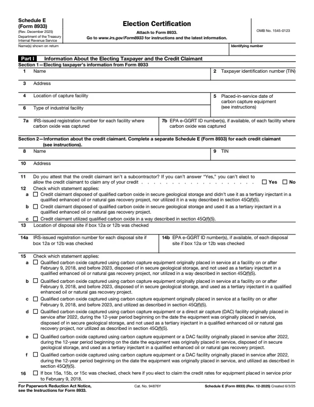 Page 1 of form 8933 Sch. E