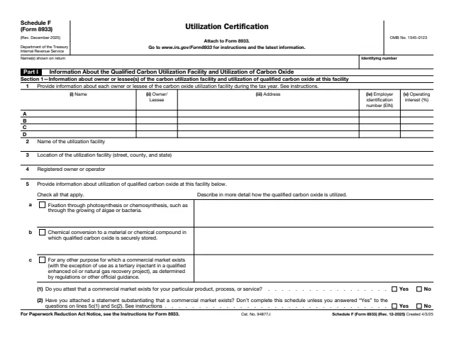 Page 1 of form 8933 Sch. F