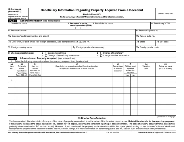 Page 1 of form 8971 Sch. A