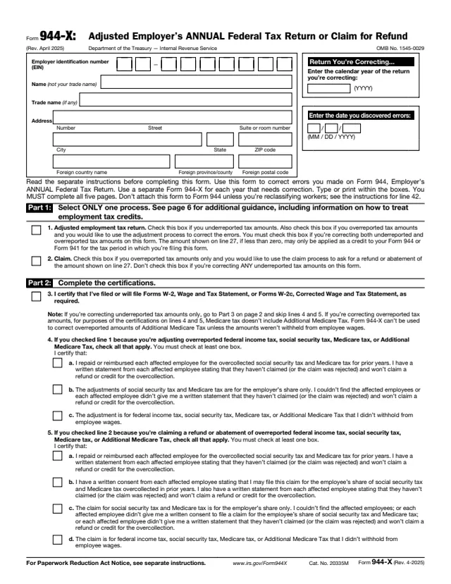 Page 1 of form 944-X