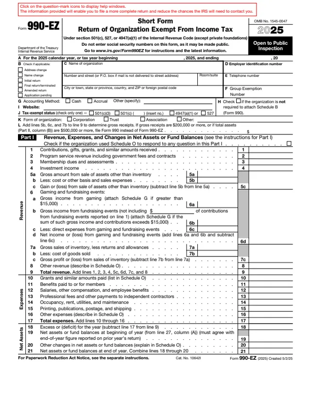 Page 1 of form 990-EZ