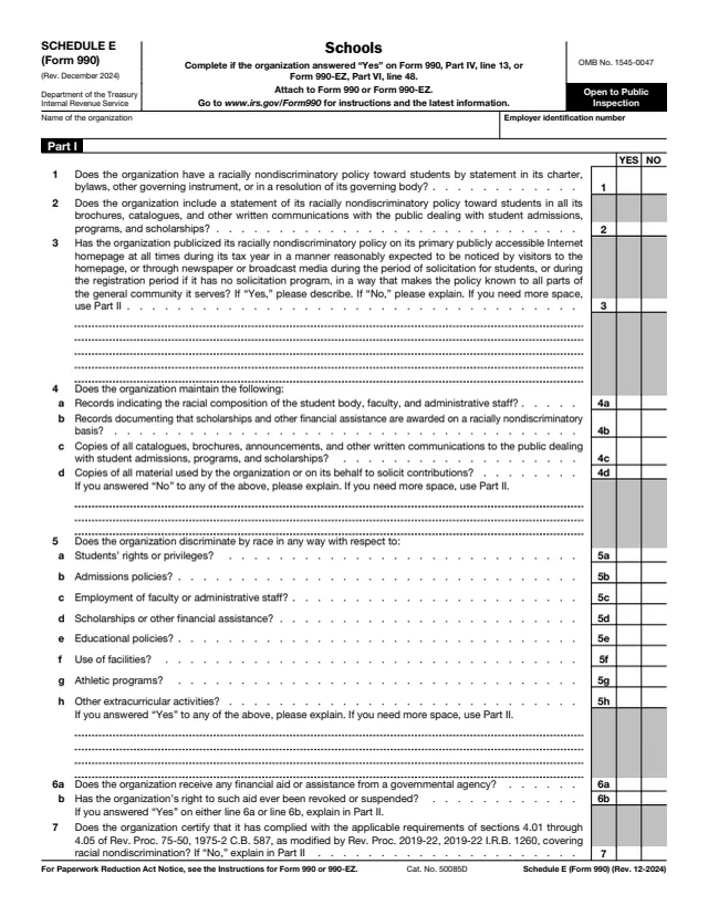 Page 1 of form 990 Sch. E