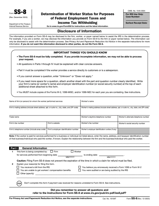 Page 1 of form SS-8