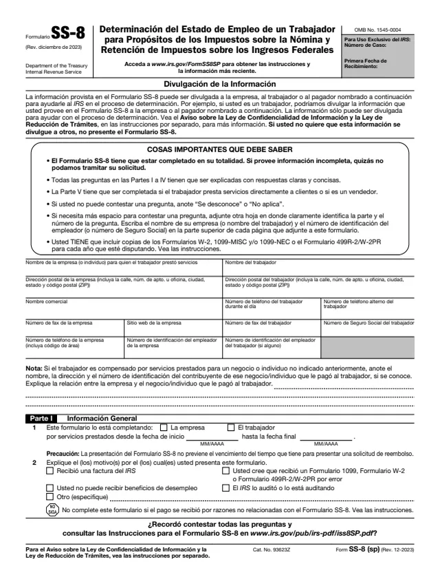 Page 1 of form SS-8