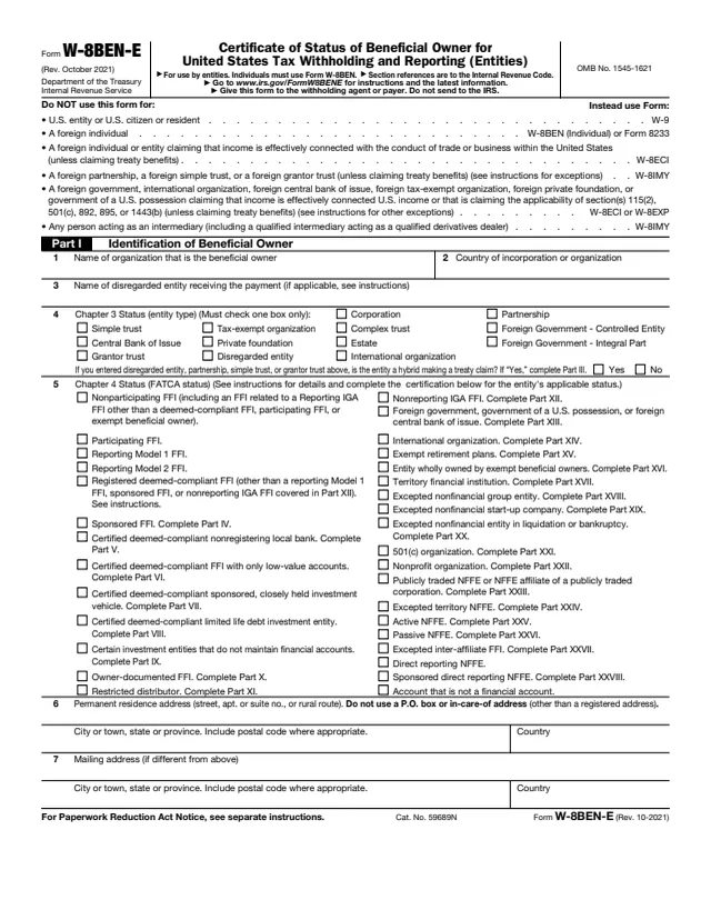 Page 1 of form W-8BEN-E