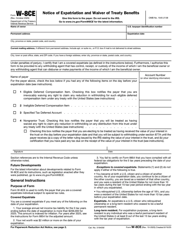 Page 1 of form W-8CE