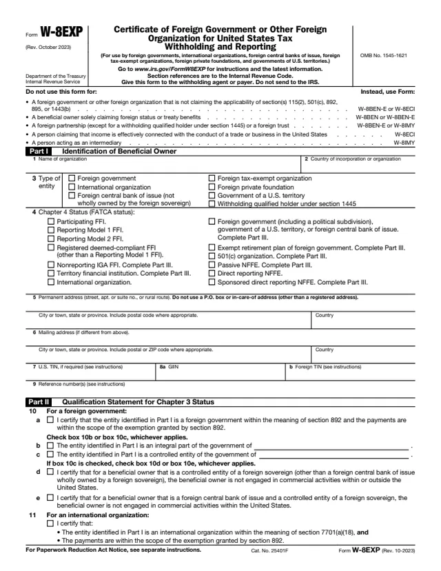 Page 1 of form W-8EXP