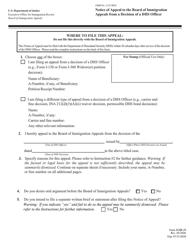 Page 1 of form EOIR-29