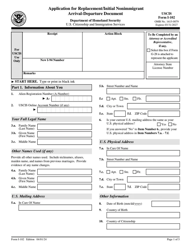 Page 1 of form I-102