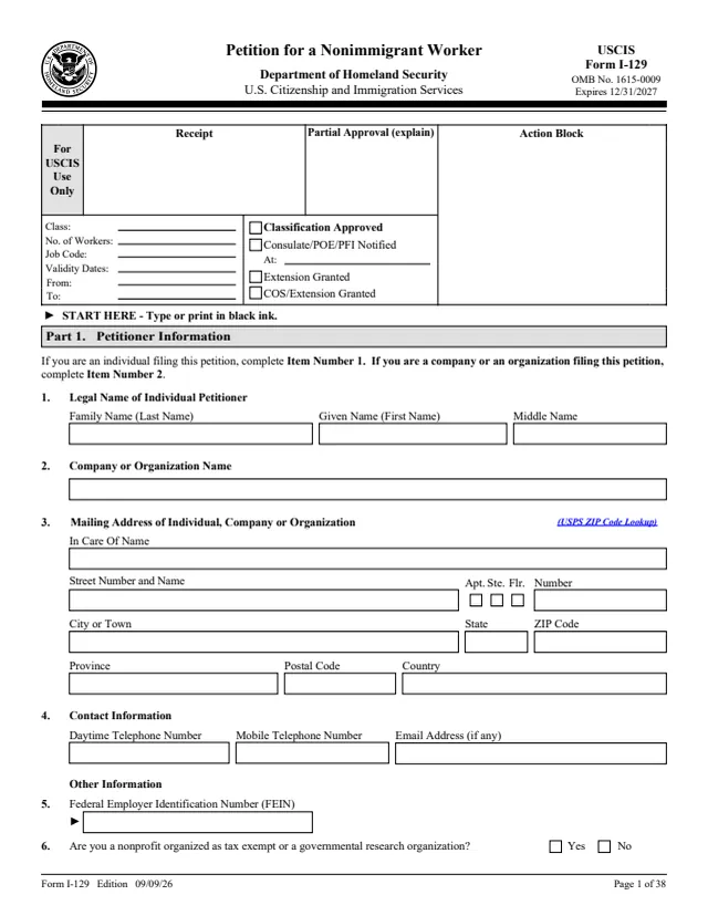 Page 1 of form I-129