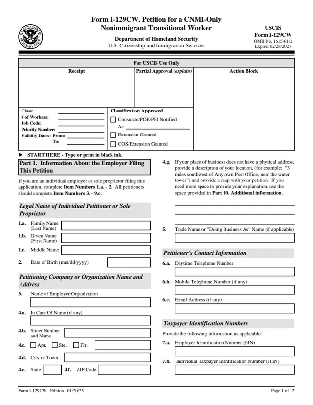 Page 1 of form I-129CW