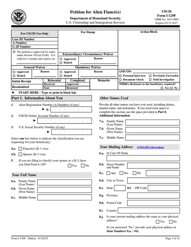 Page 1 of form I-129F