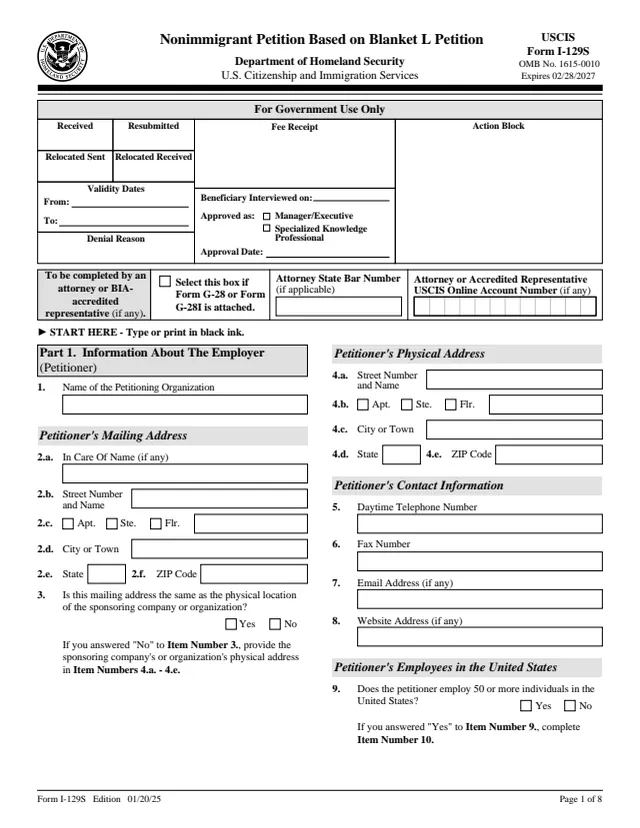 Page 1 of form I-129S