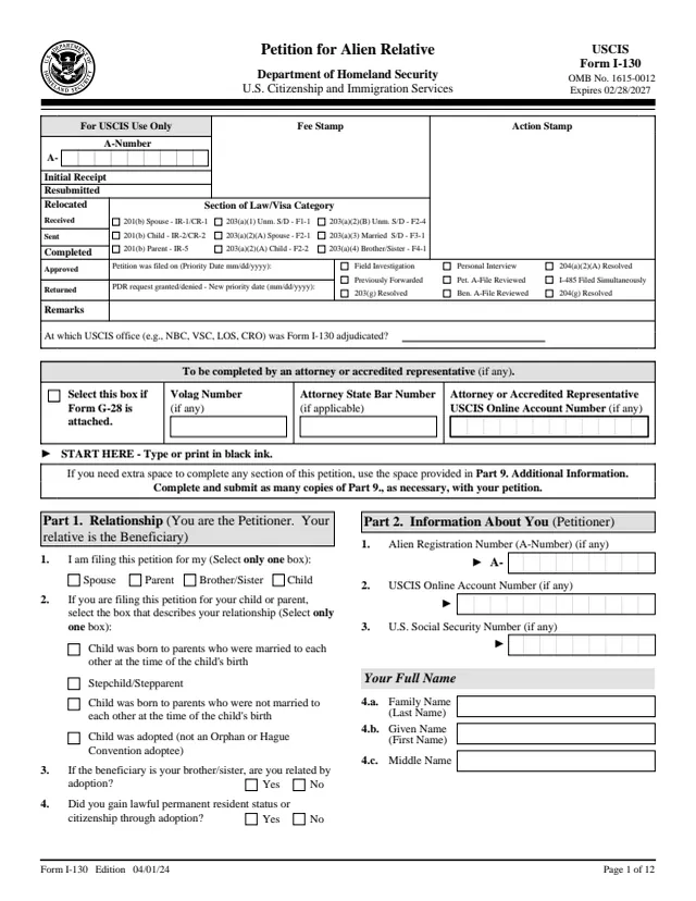 Page 1 of form I-130