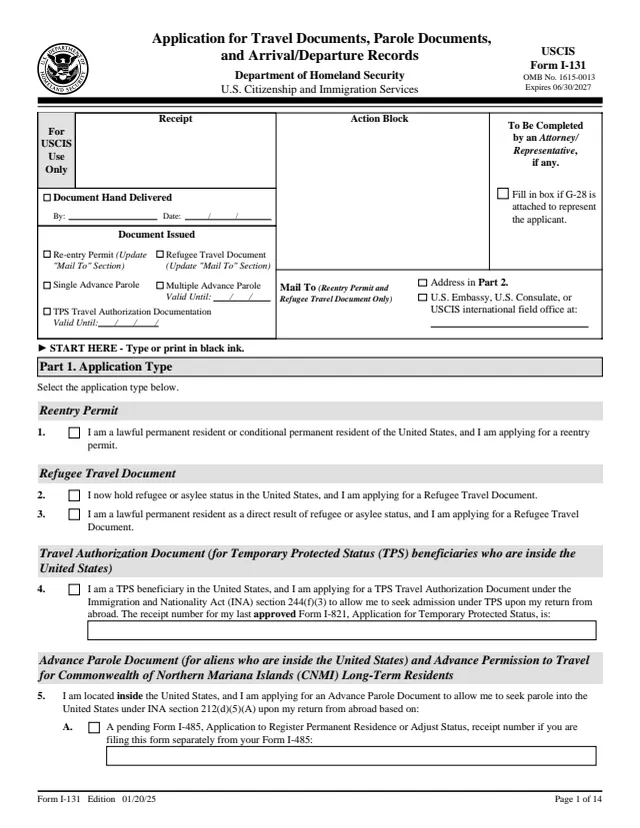Page 1 of form I-131